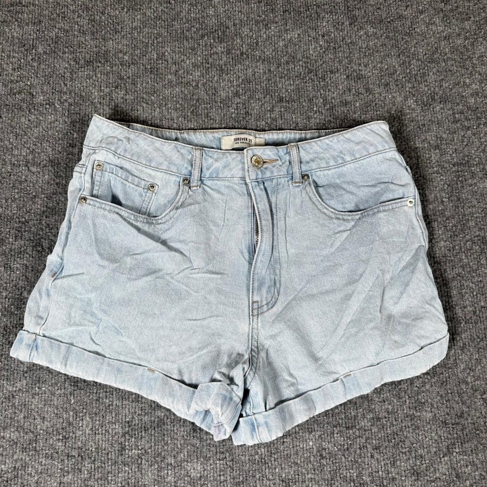 Forever 21 Denim Shorts Womens Size 27 Light Wash High Waisted Cotton Cuffed
